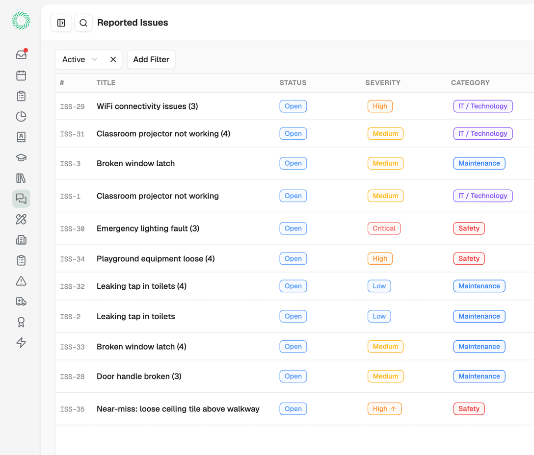 Issue list showing open, in progress and resolved statuses