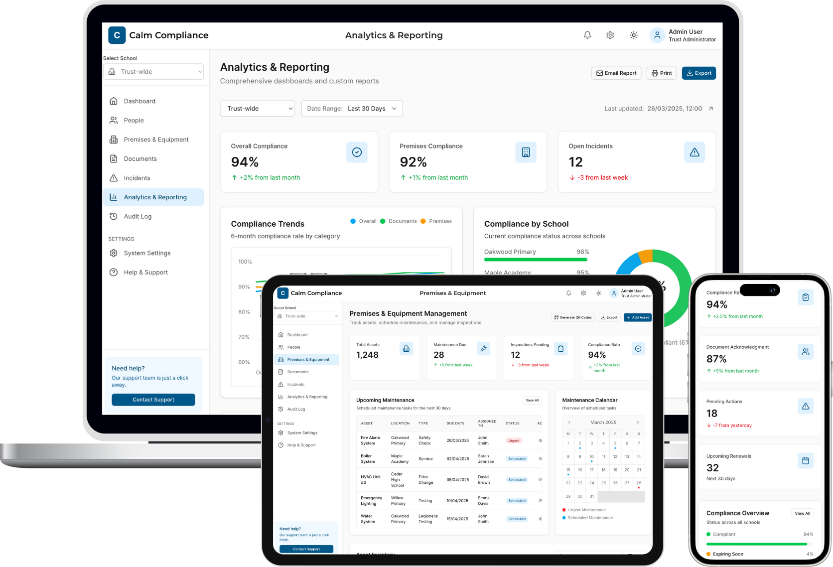 Calm Compliance dashboard showing compliance overview
