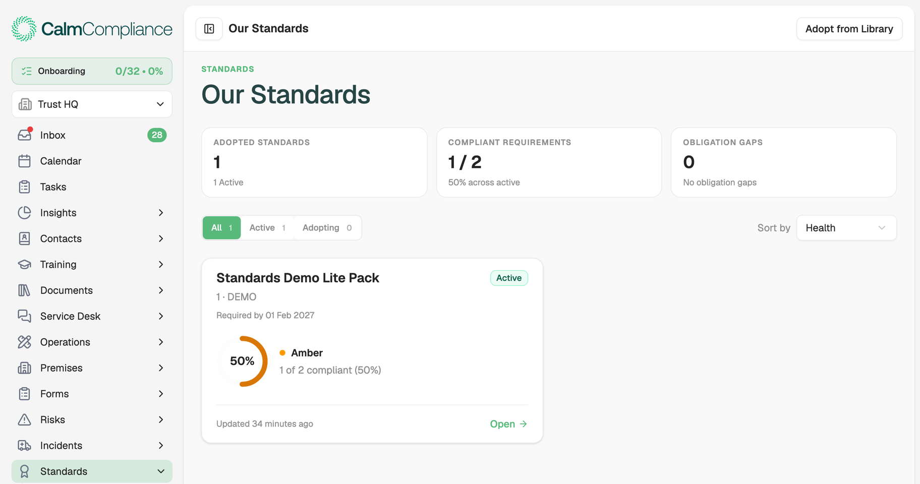 CalmCompliance dashboard showing connected compliance workflow