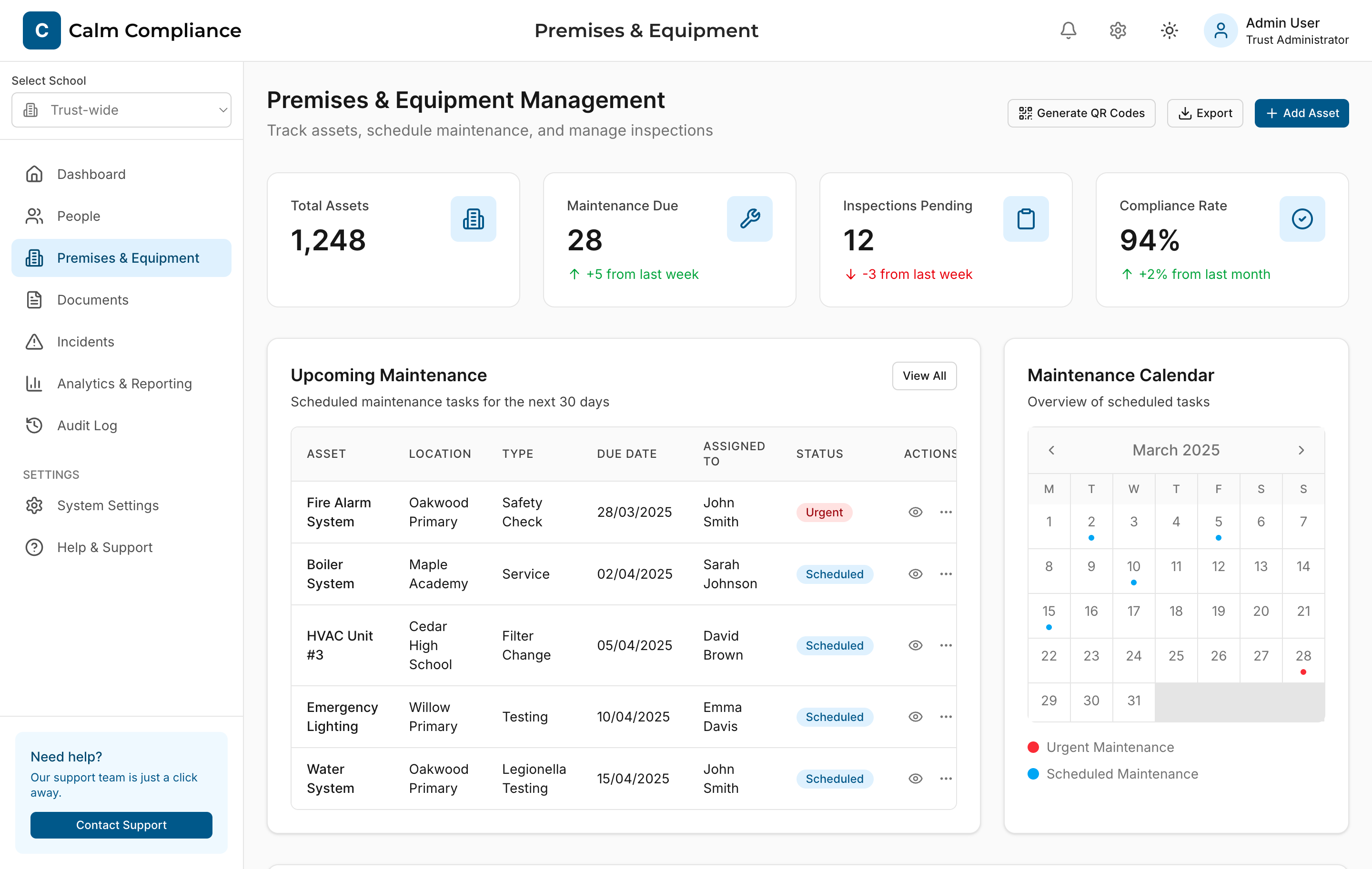 Screenshot showing asset register, maintenance schedule, and QR code scan interface